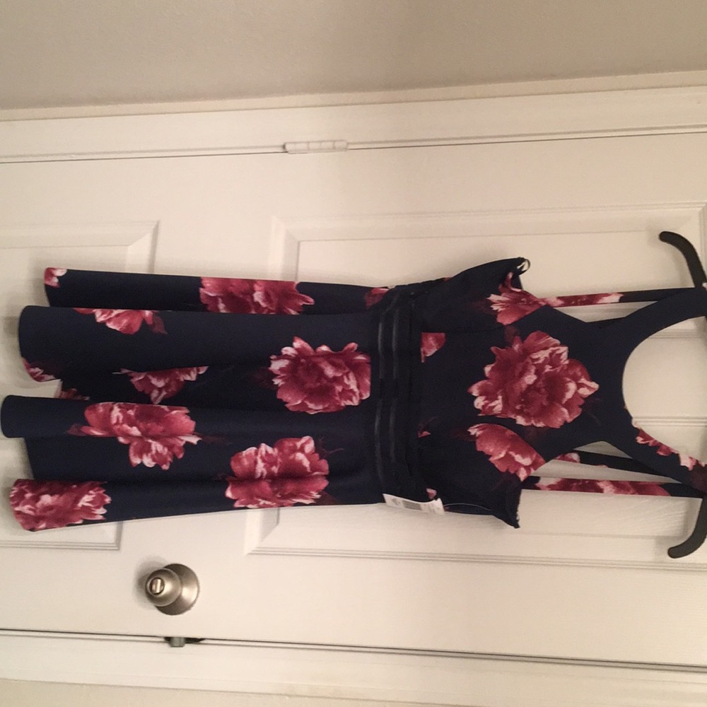 Navy blue with pink floral print dress
